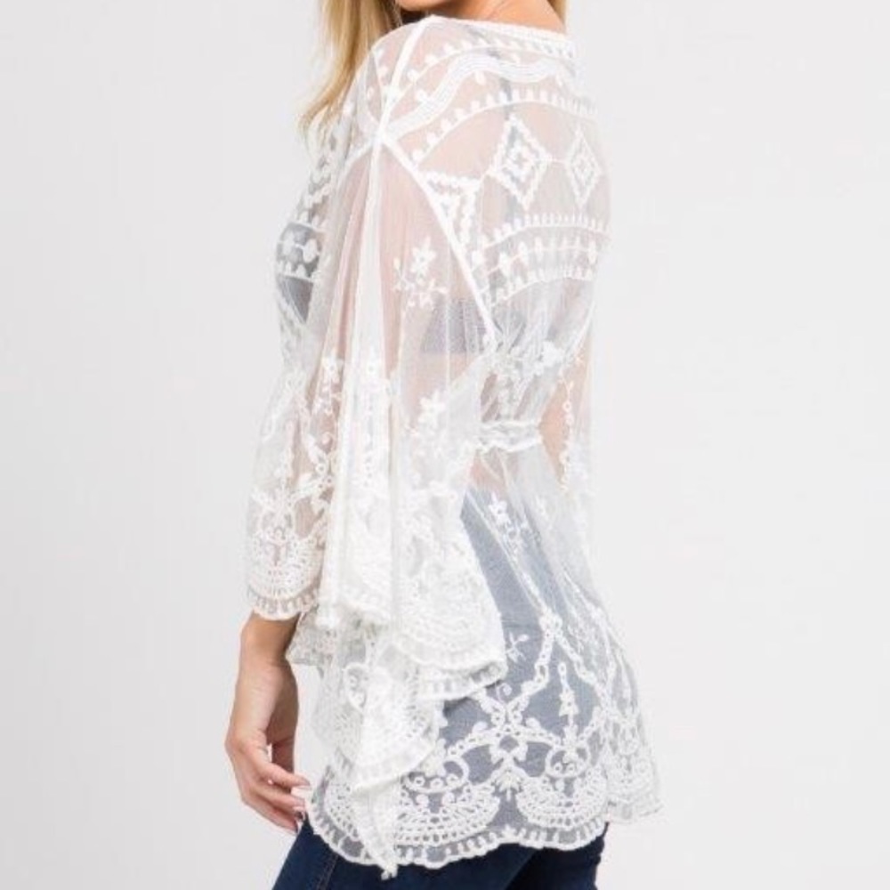 SOLD OUT CLEARANCE Scalloped Embroidered Sheer Lace Boho Coverup Top - Picture 3 of 5